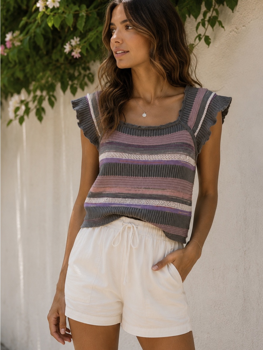 INTIQUE Crochet Knit Top Striped Ruffle Cap Sleeve Purple Gray Size M Coquette